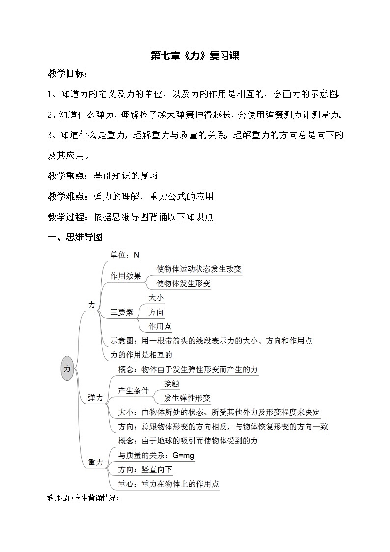 人教版物理八年级下册第七章《力》复习课教学设计01