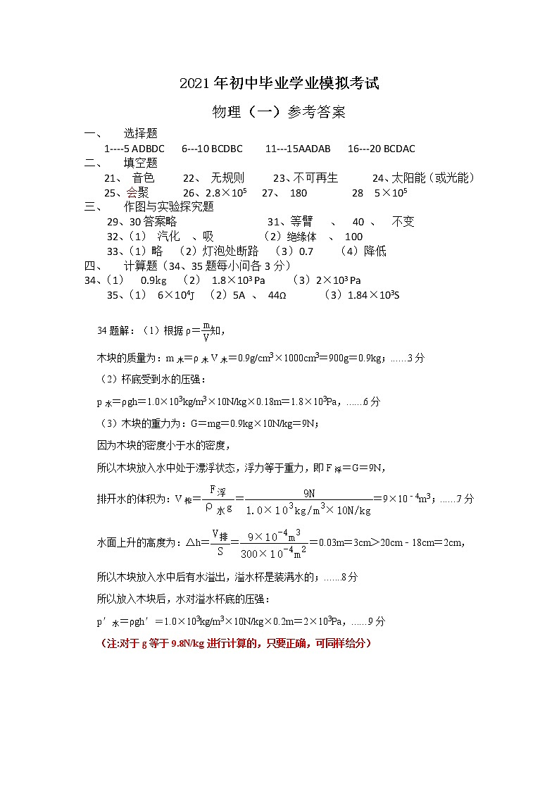 2021年湖南省邵阳市邵阳县初中毕业学业模拟考试（一模）物理试题（PDF可编辑）（解析版+原卷版）01