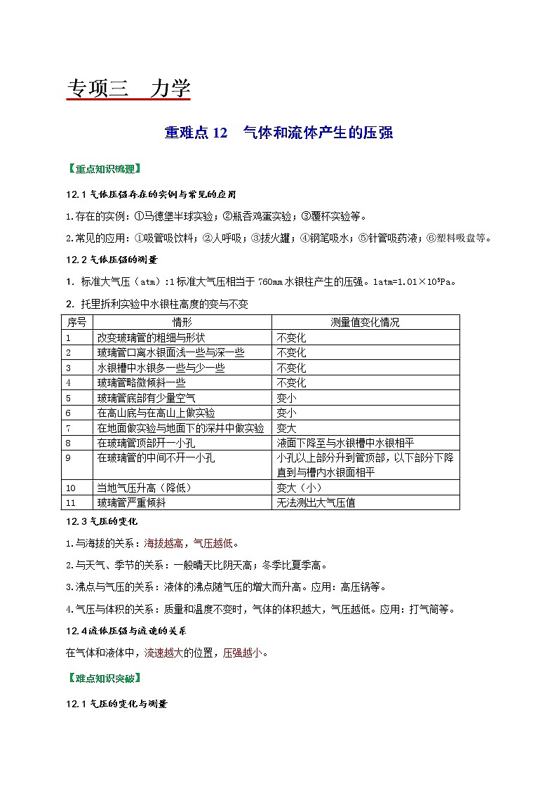 重难点12气体和流体产生的压强-2022年中考物理热点及重难点专练试卷（原卷+解析）01