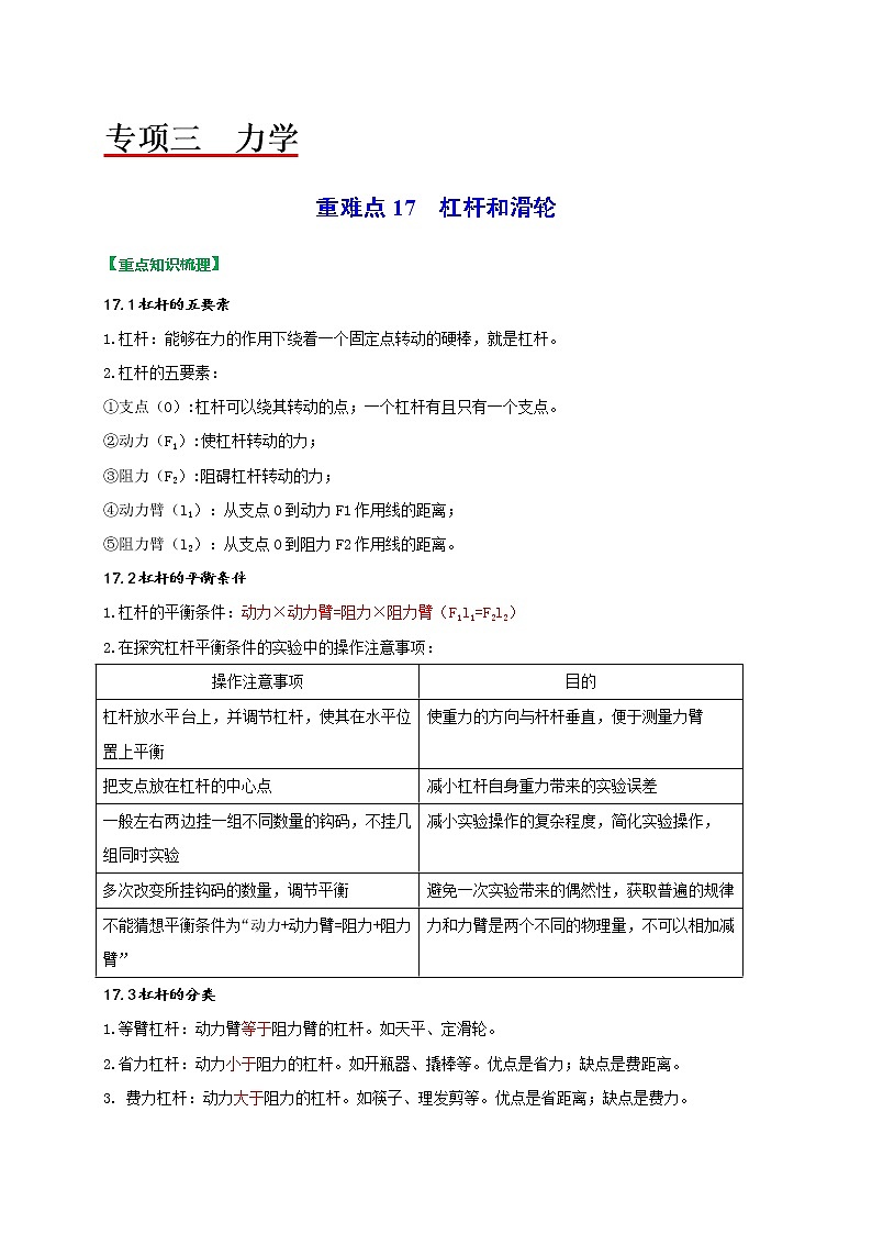 重难点17杠杆和滑轮-2022年中考物理热点及重难点专练试卷（原卷+解析）01