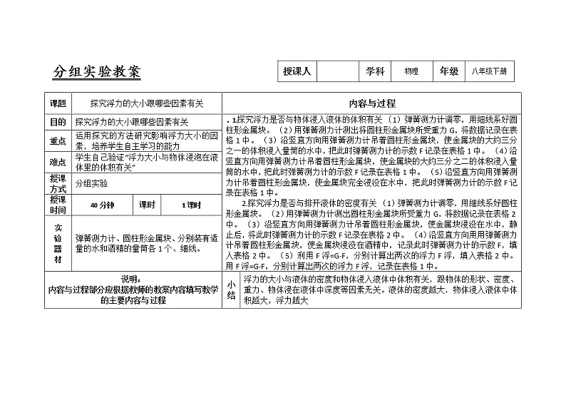 人教版八年级物理下册10.1探究浮力的大小跟哪些因素有关实验教案第1页