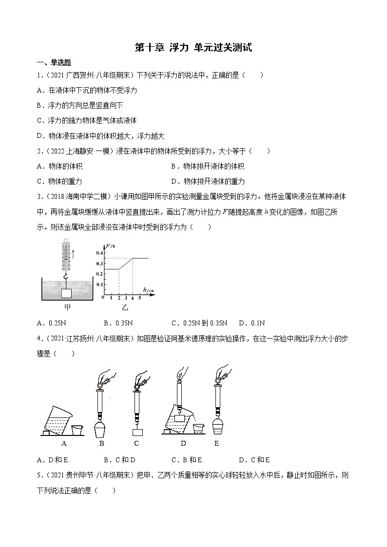 第十章 浮力 单元过关测试 2021-2022学年八年级物理（人教版）（word版含答案）第1页