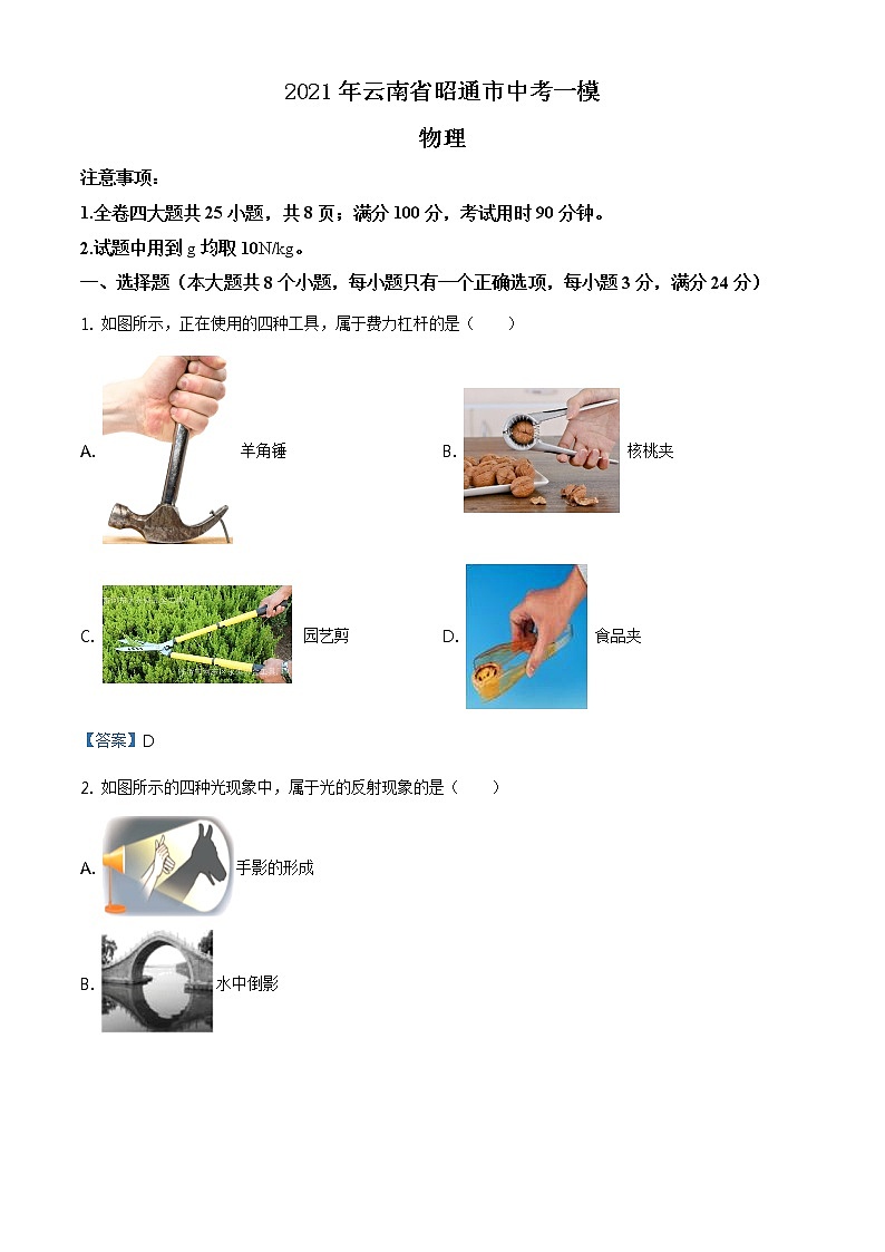 2021年云南省昭通市中考一模物理试题01