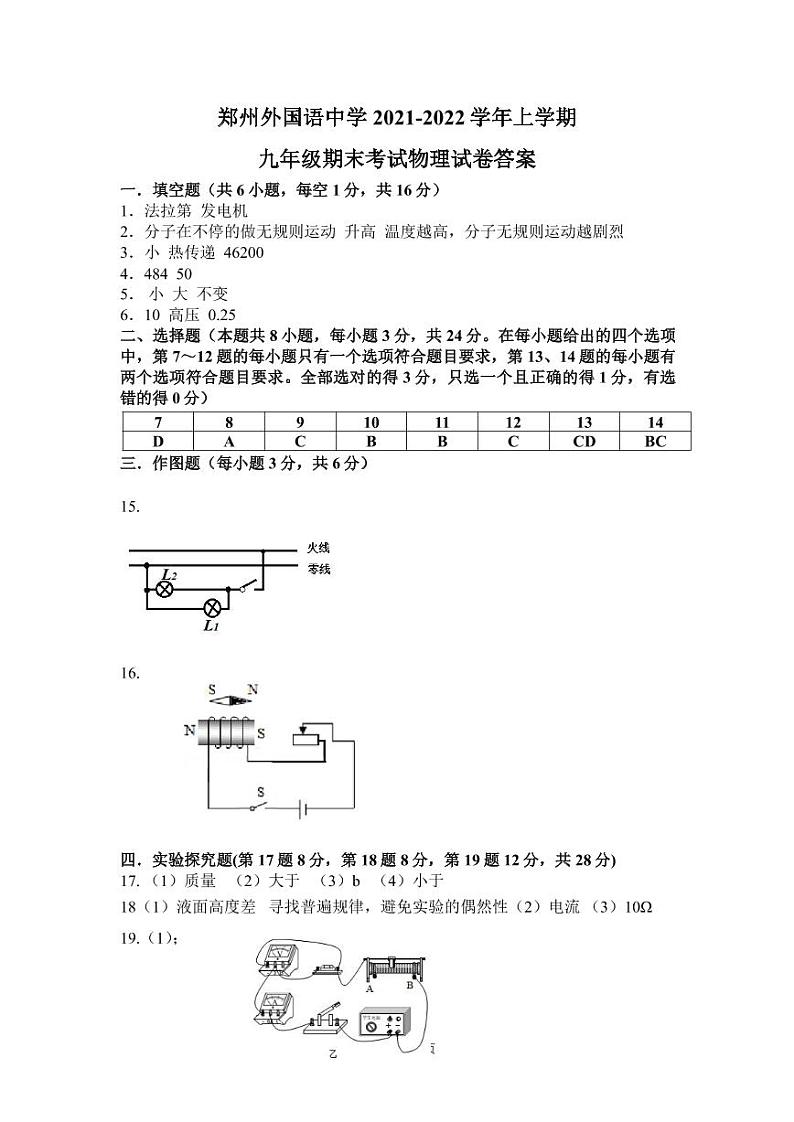 答案-物理 郑外2022九年级期末试卷答案第1页