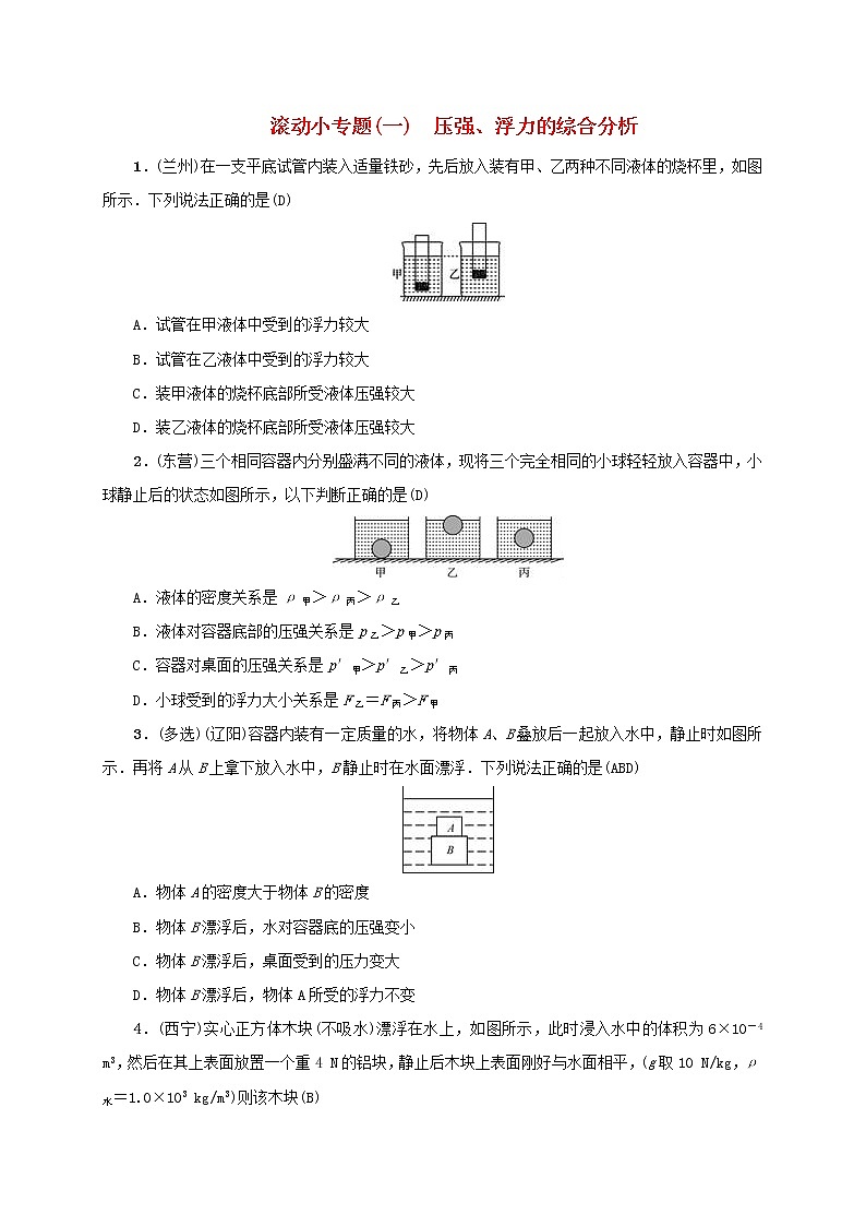 中考物理二轮复习滚动小专题01《压强浮力的综合分析》 (含答案)01