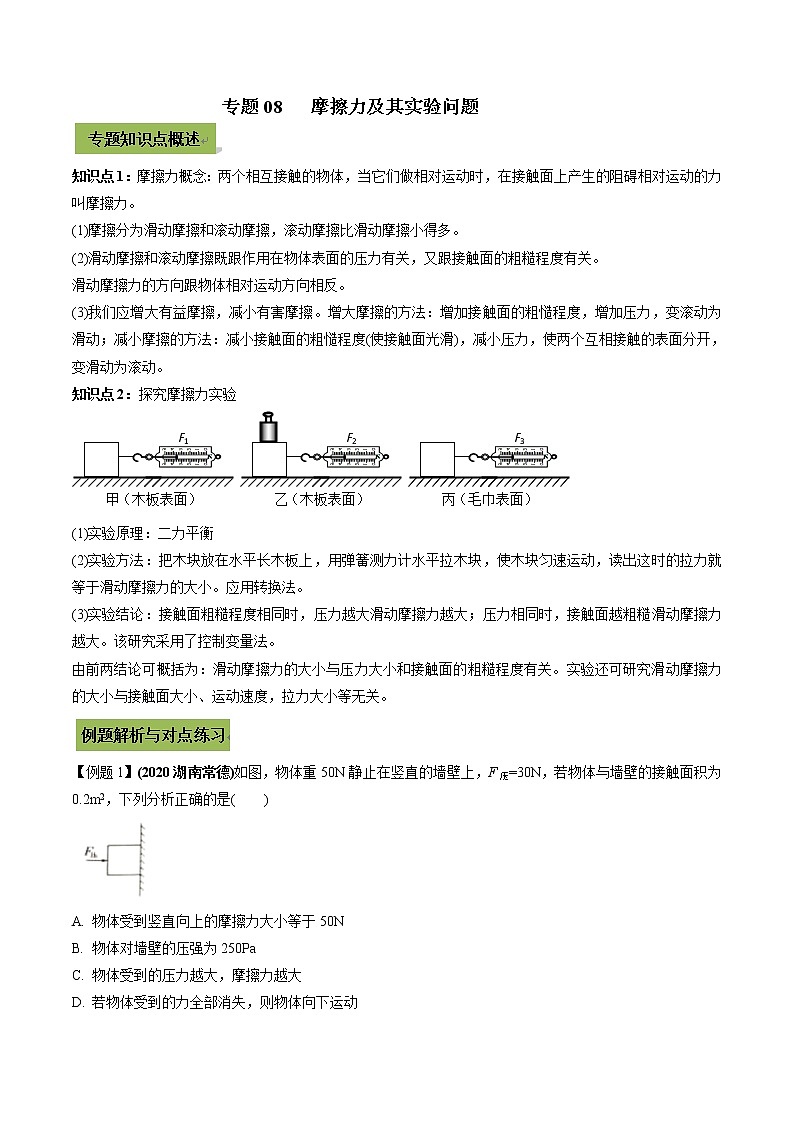 2021年中考物理微专题复习 专题08  摩擦力及其实验中考问题（教师版含解析）第1页