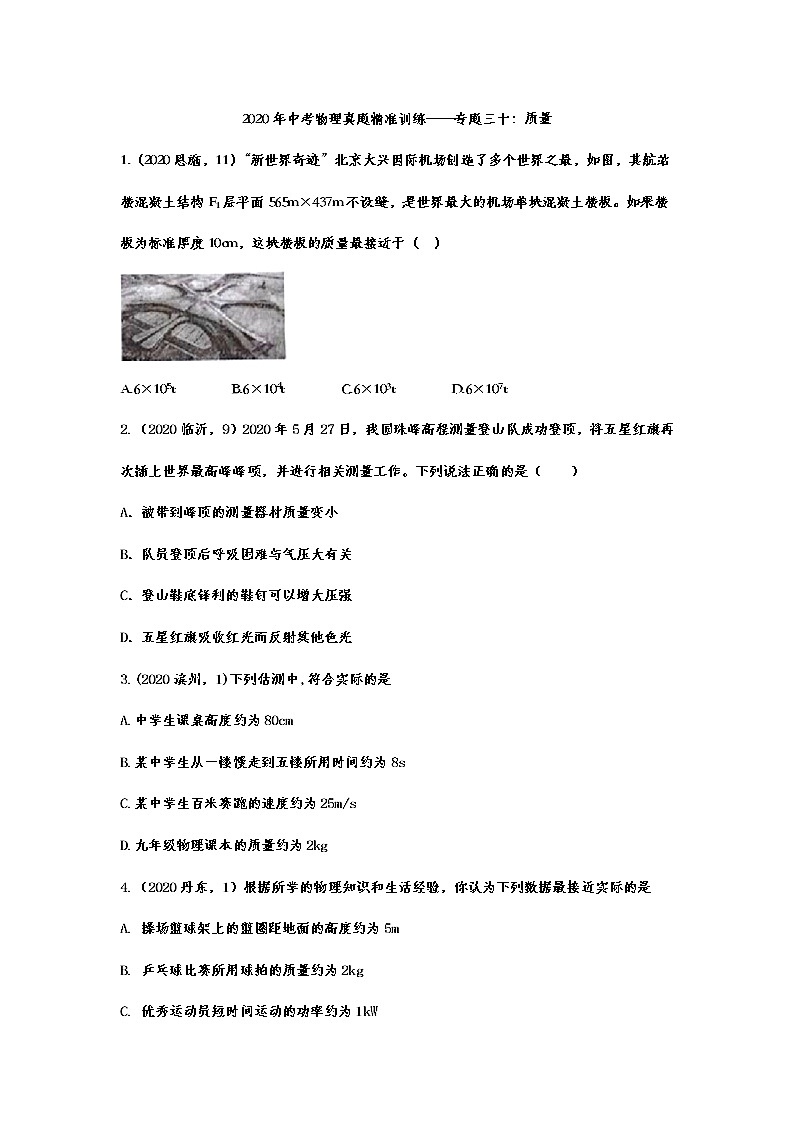 2021年中考物理真题精准训练——专题三十：质量第1页