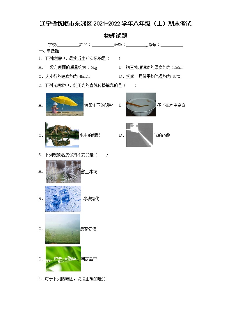 辽宁省抚顺市东洲区2021-2022学年八年级（上）期末考试物理试题（word版含答案）01