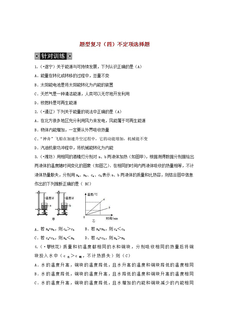 中考物理一轮复习题型复习（四）不定项选择题（含答案）第1页