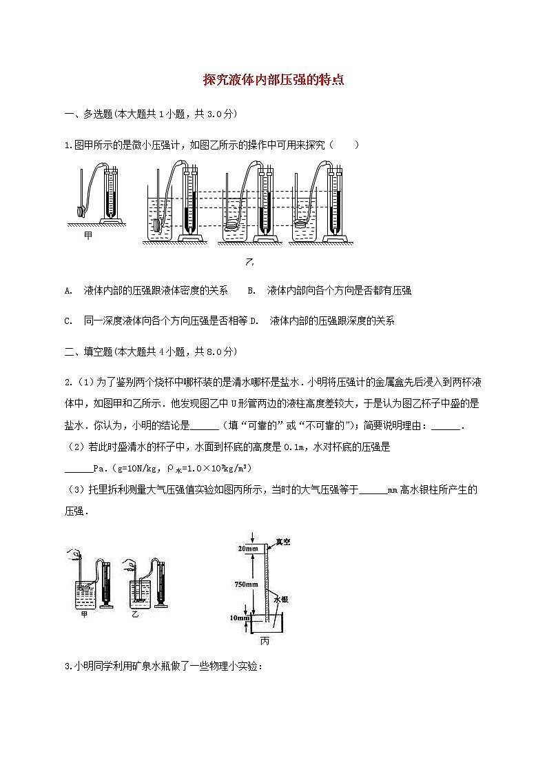 中考物理二轮专题复习《探究液体内部压强的特点》复习专项练习 (含答案)第1页