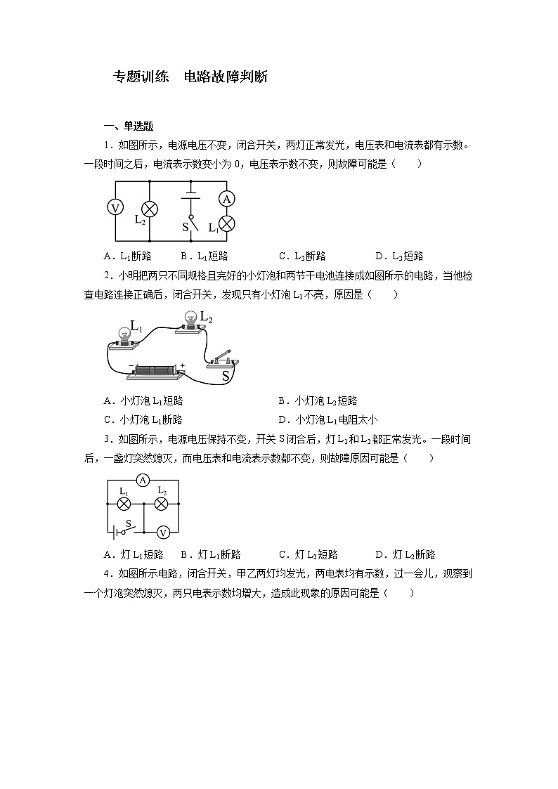 2022年中考物理二轮复习重点专题训练+电路故障判断第1页