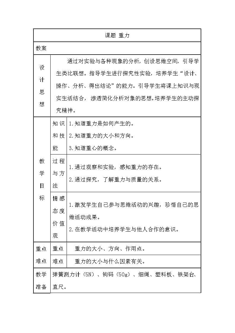 教科版物理八年级下册 7.4 重力（教案）第1页