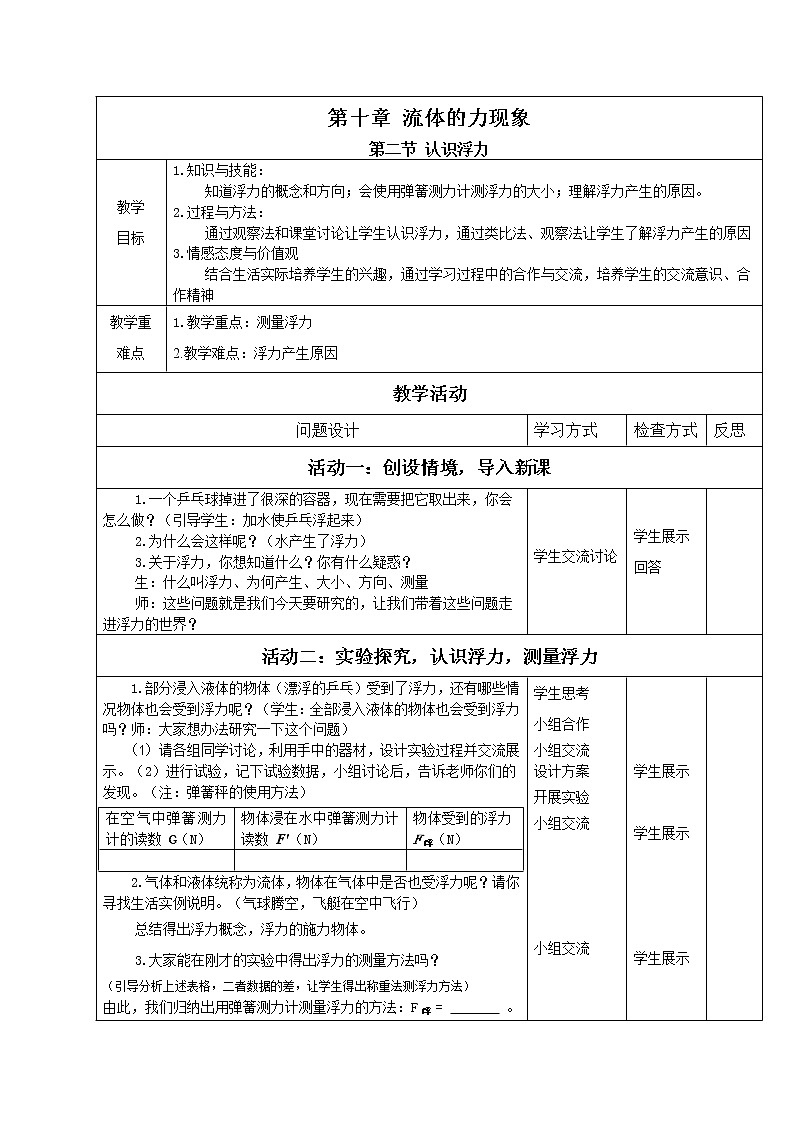教科版物理八年级下册 10.2 认识浮力(14)（教案）01