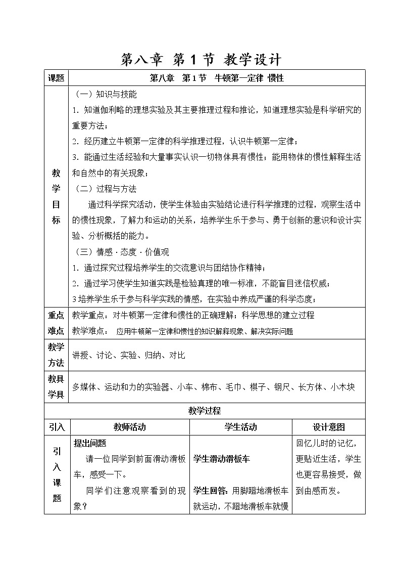 教科版物理八年级下册 8.1  牛顿第一定律  惯性(2)（教案）01