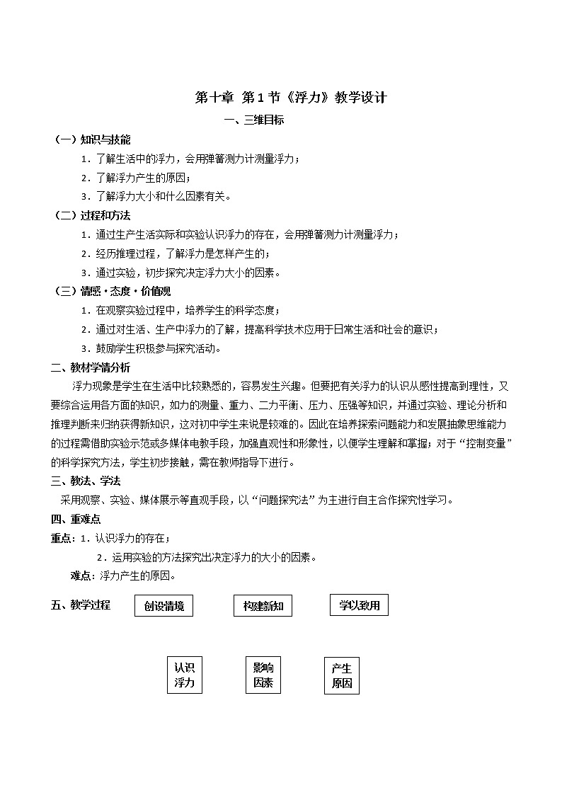 教科版物理八年级下册 2 认识浮力（教案）第1页
