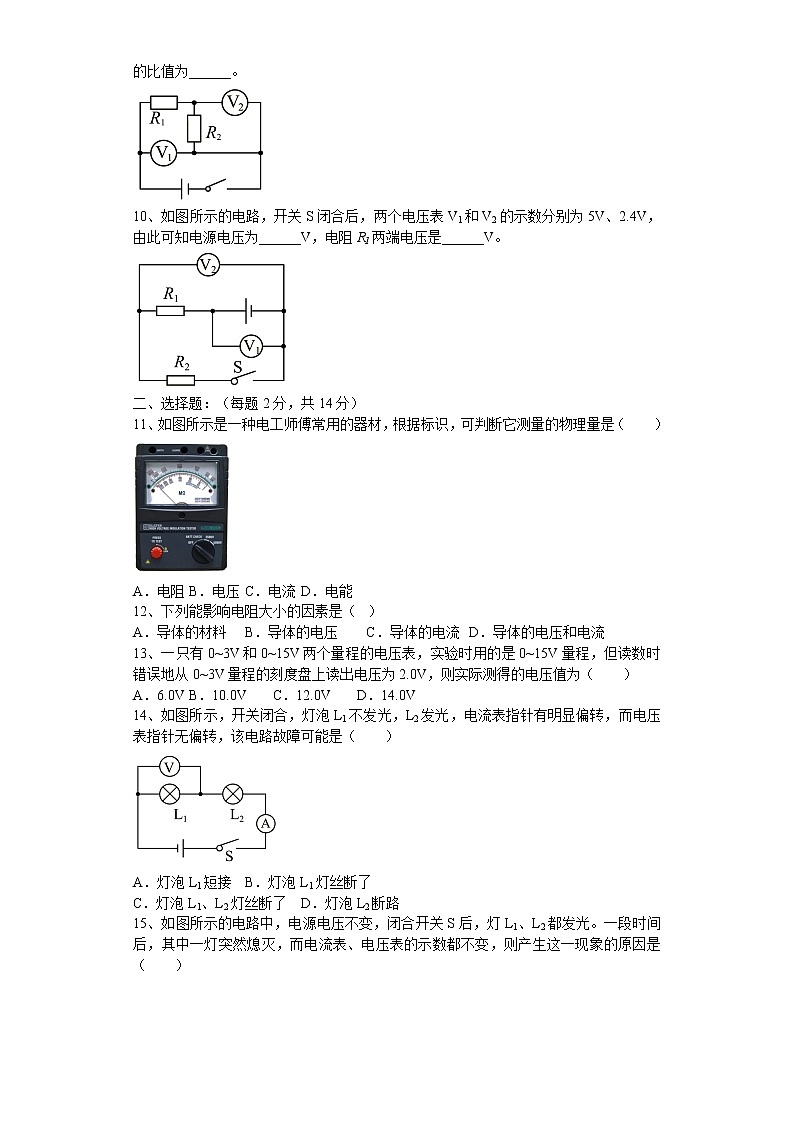 2022年安徽省合肥市九年级物理第二轮复习综合评价训练---电压和电阻第2页