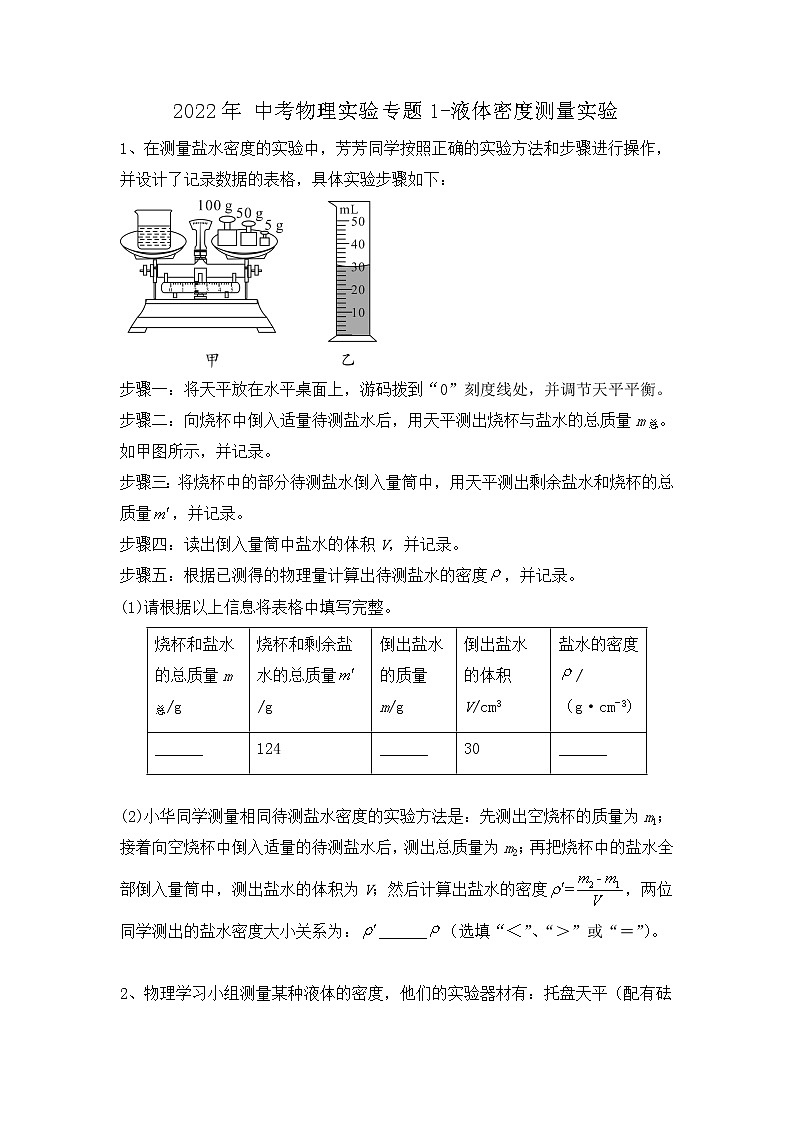 2022年中考物理实验专题-液体密度测量实验01