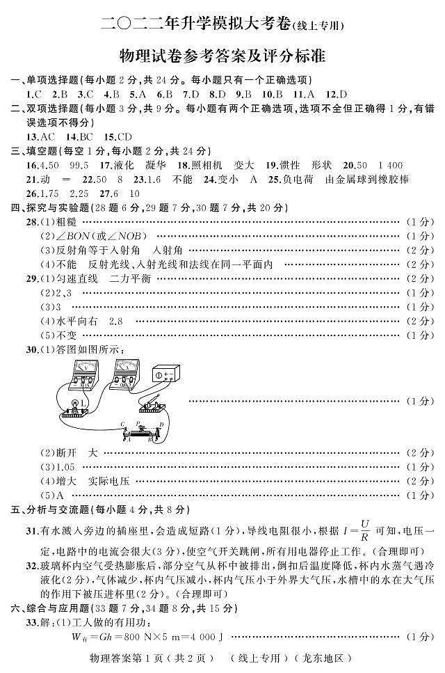 2022年黑龙江省龙东地区九年级第一次模拟物理答案第1页