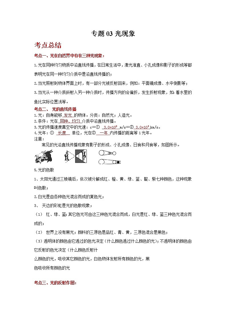2022年中考二轮物理总复习突破精讲精练（浙江专用）专题03光现象（原卷版+解析版）第1页
