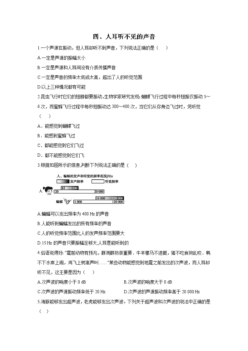 【同步练习】苏科版初二物理上册 第1章《声现象》1.4人耳听不见的声音（含答案）01