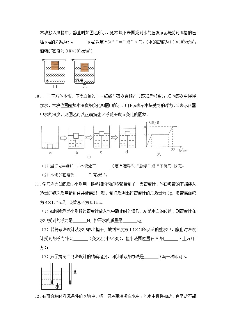【同步练习】苏科版初二物理下册 第10章《压强和浮力》10.5物体的浮与沉（填空、实验探究题）（含答案）第3页
