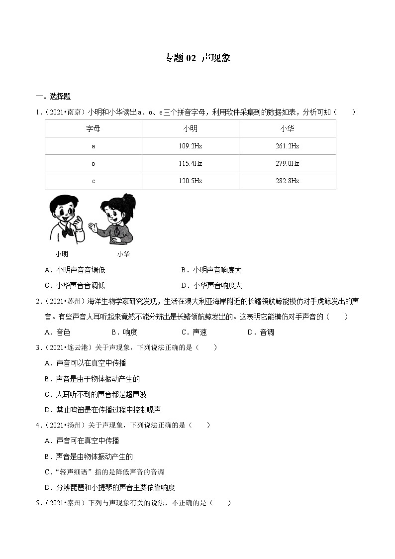 （2019-2021）江苏中考物理真题分项汇编专题02 声现象01