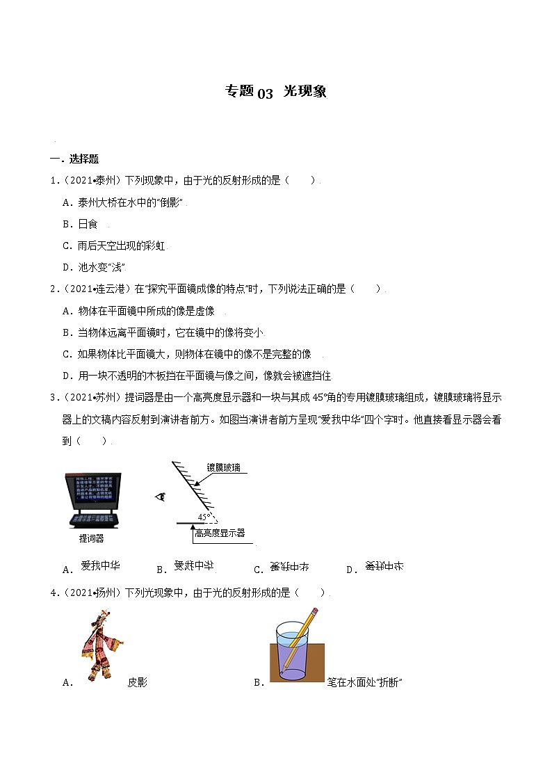 （2019-2021）江苏中考物理真题分项汇编专题03 光现象第1页