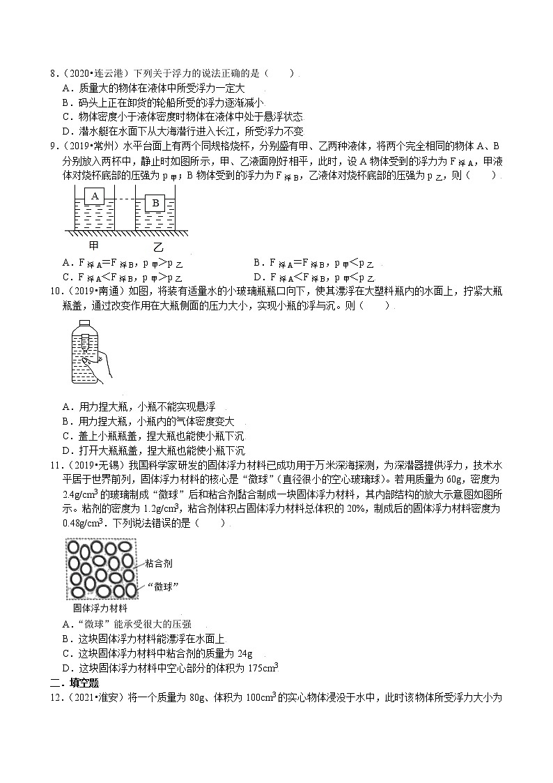 （2019-2021）江苏中考物理真题分项汇编专题09 浮力03