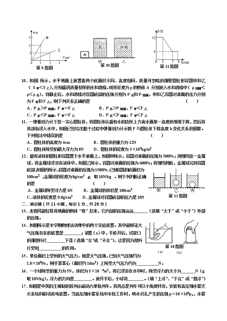 2021-2022学年苏科版初二物理下册第十章《压强和浮力》测试题（含答案）第2页