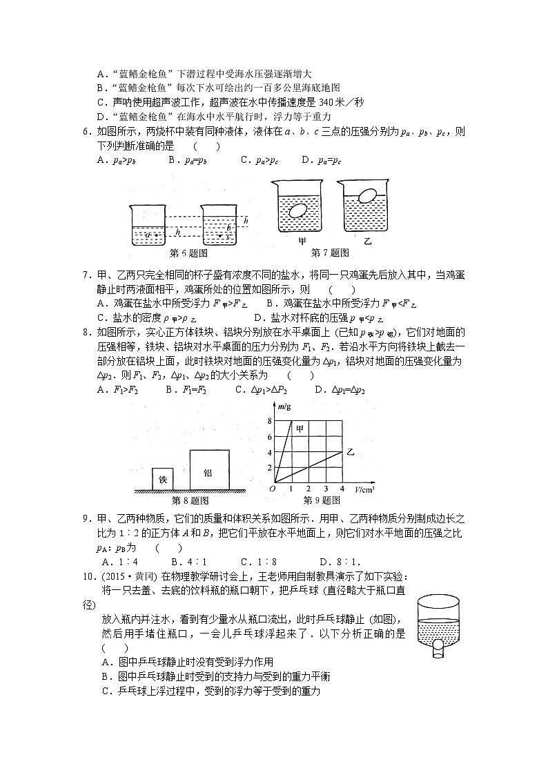 2021-2022学年苏科版初二物理下册第十章《压强和浮力》测试题及答案第2页