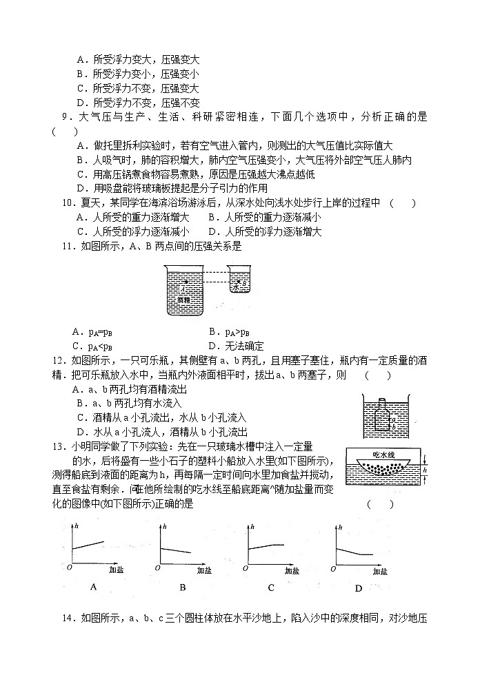 2021-2022学年苏科版初二物理下册第十章《压强与浮力》综合测试卷（含答案）02