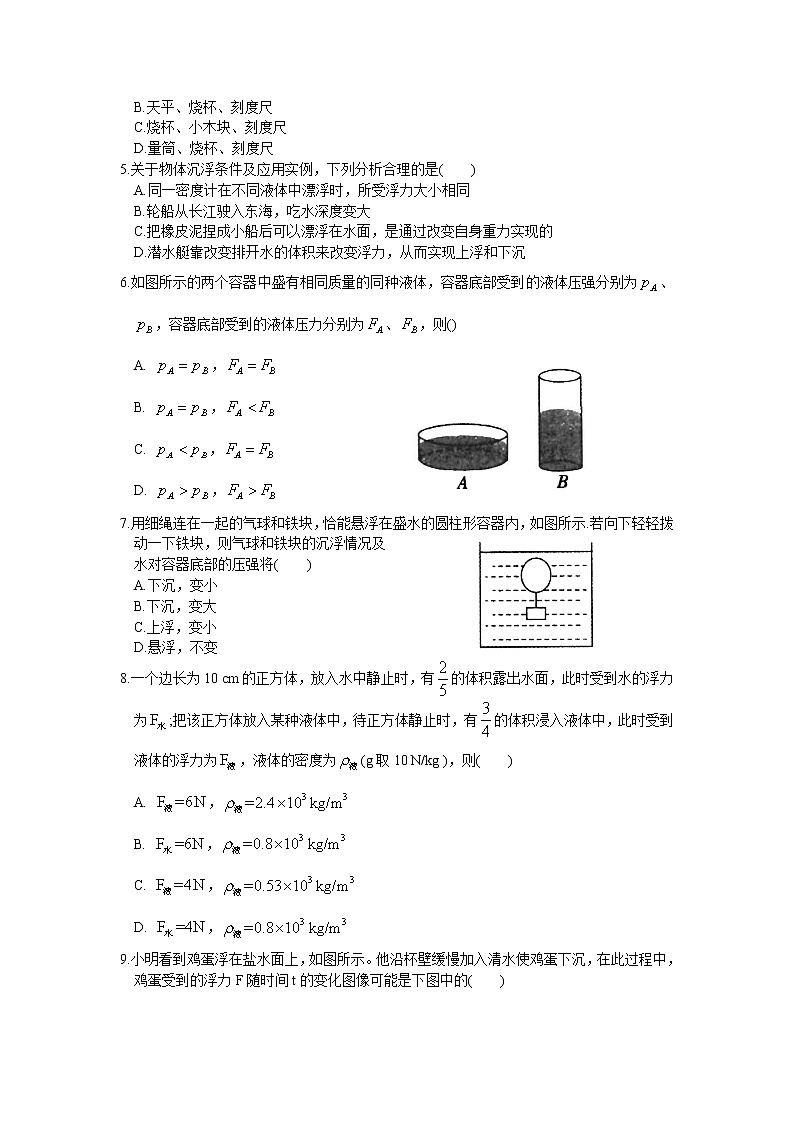 2021-2022学年苏科版初二物理下册第十章《压强和浮力》单元巩固检测（含答案）第2页