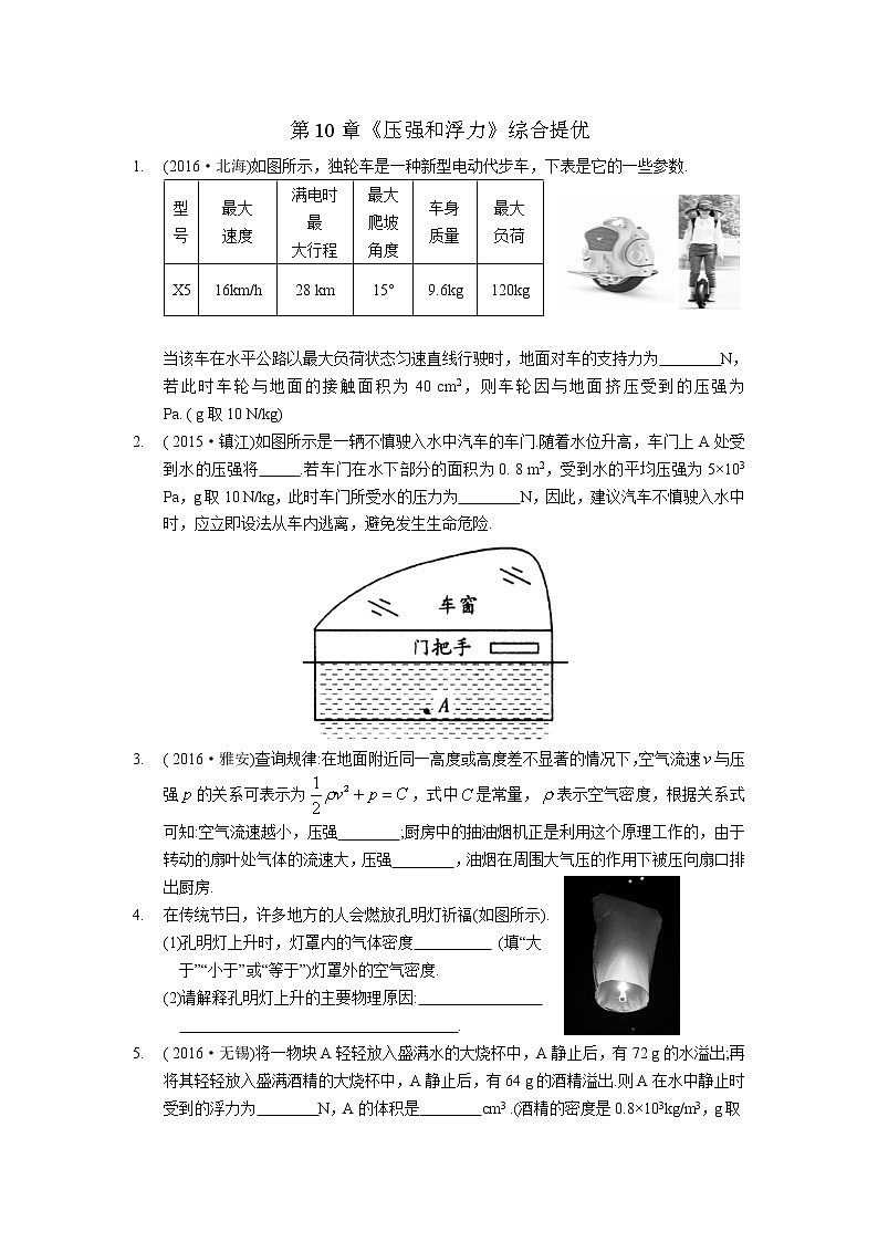 2021-2022学年苏科版初二物理下册第十章《压强和浮力》综合提优（含答案）练习题第1页