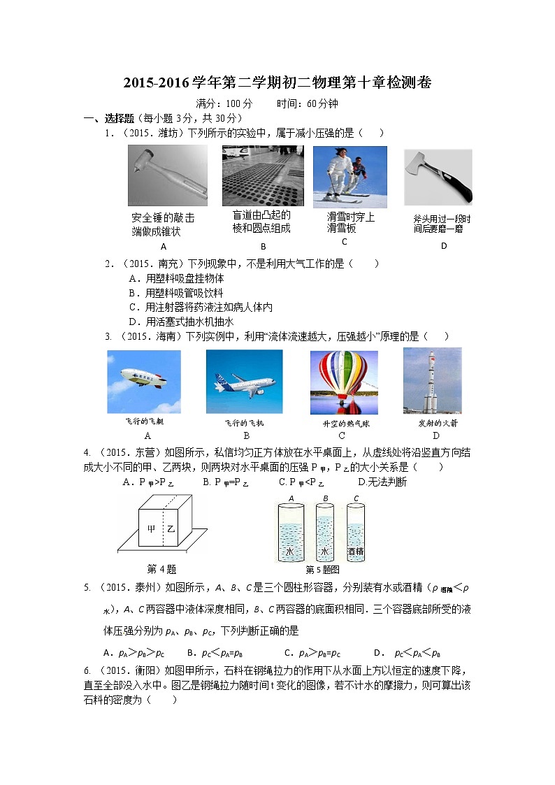2021-2022学年苏科版初二物理下册第十章《压强与浮力》检测卷及答案第1页
