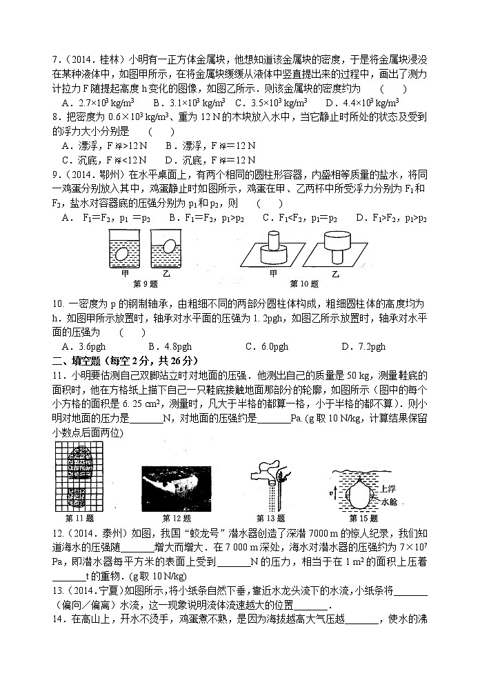 2021-2022学年苏科版初二物理下册第十章《压强与浮力》单元自测卷(含答案)02