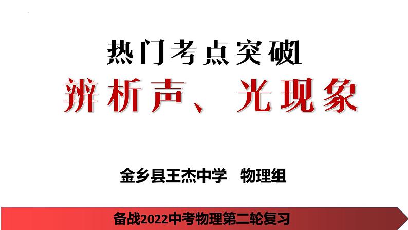 山东省济宁市金乡县王杰中学备战2022年中考物理二轮复习---热门考点突破1---辨析声、光现象课件PPT第1页