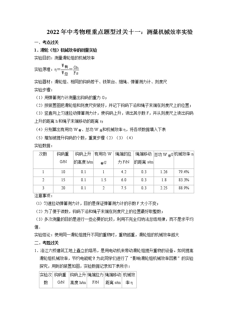 2022年中考物理重点题型过关十一：测量机械效率实验第1页