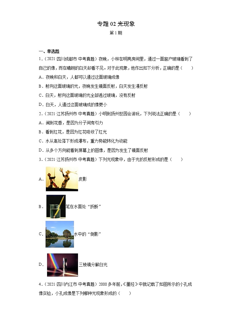 2021年中考物理真题分项汇编（全国通用）专题02光现象（原卷版）（第1期）第1页