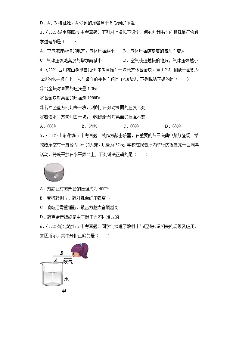 2021年中考物理真题分项汇编（全国通用）专题08压强（第1期）（原卷版）第2页