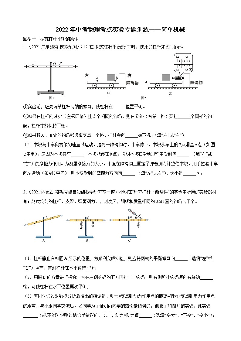 2022年中考物理考点实验专题训练——简单机械01