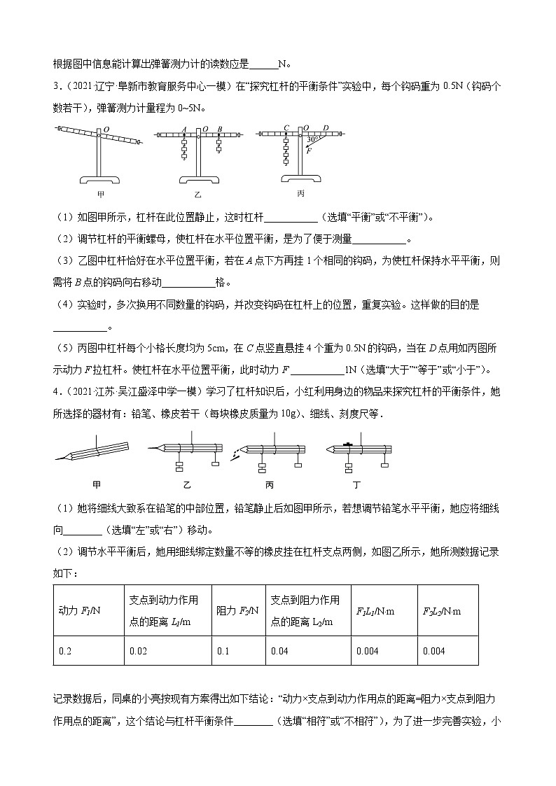 2022年中考物理考点实验专题训练——简单机械02