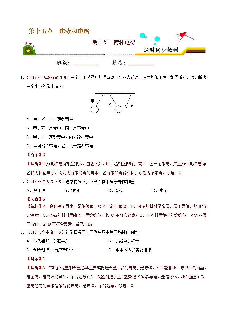 专题15.1 两种电荷-九年级物理人教版（解析版）01