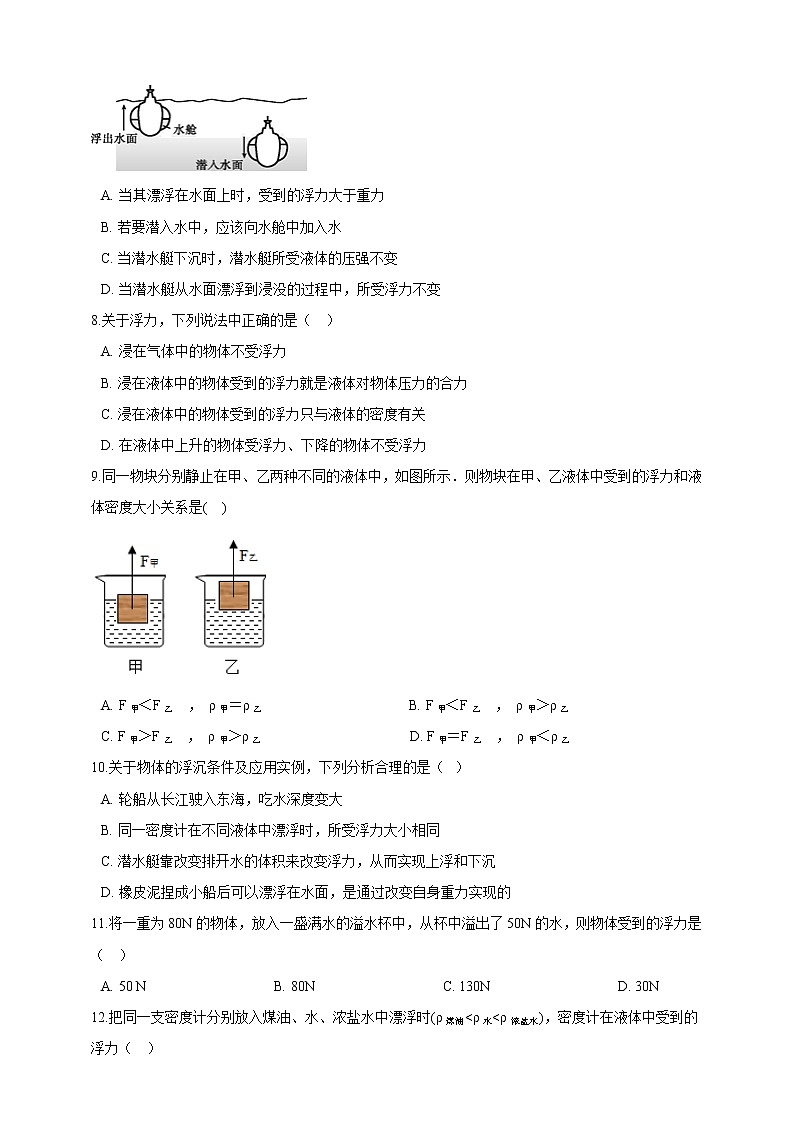 人教版 八年级物理下册 第十章浮力基础过关测试卷（含答案）第2页