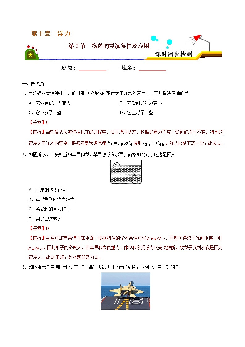 专题10.3 物体的浮沉条件及应用-八年级物理人教版（下册）（解析版）01