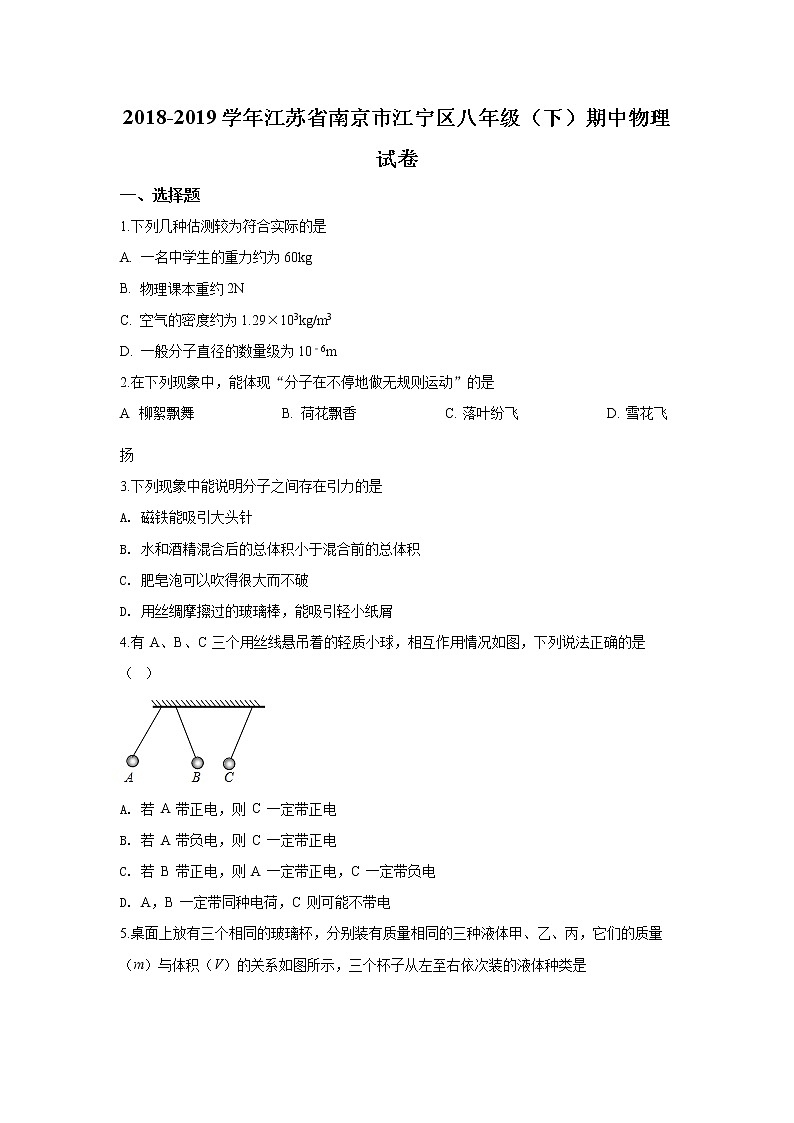南京市江宁区2018-2019学年初二第二学期期中考试物理试题（含答案）01