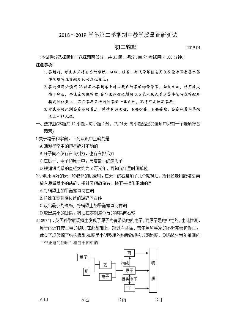 苏州市吴中区2018～2019学年第二学期初二物理期中教学质量调研测试（含答案）第1页