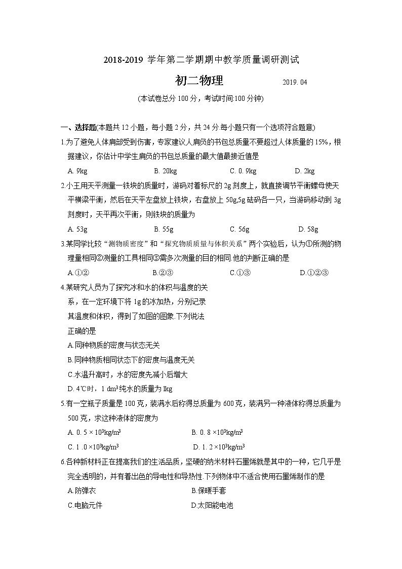 昆山、太仓市2018-2019学年第二学期初二物理期中教学质量调研测试（含答案）第1页