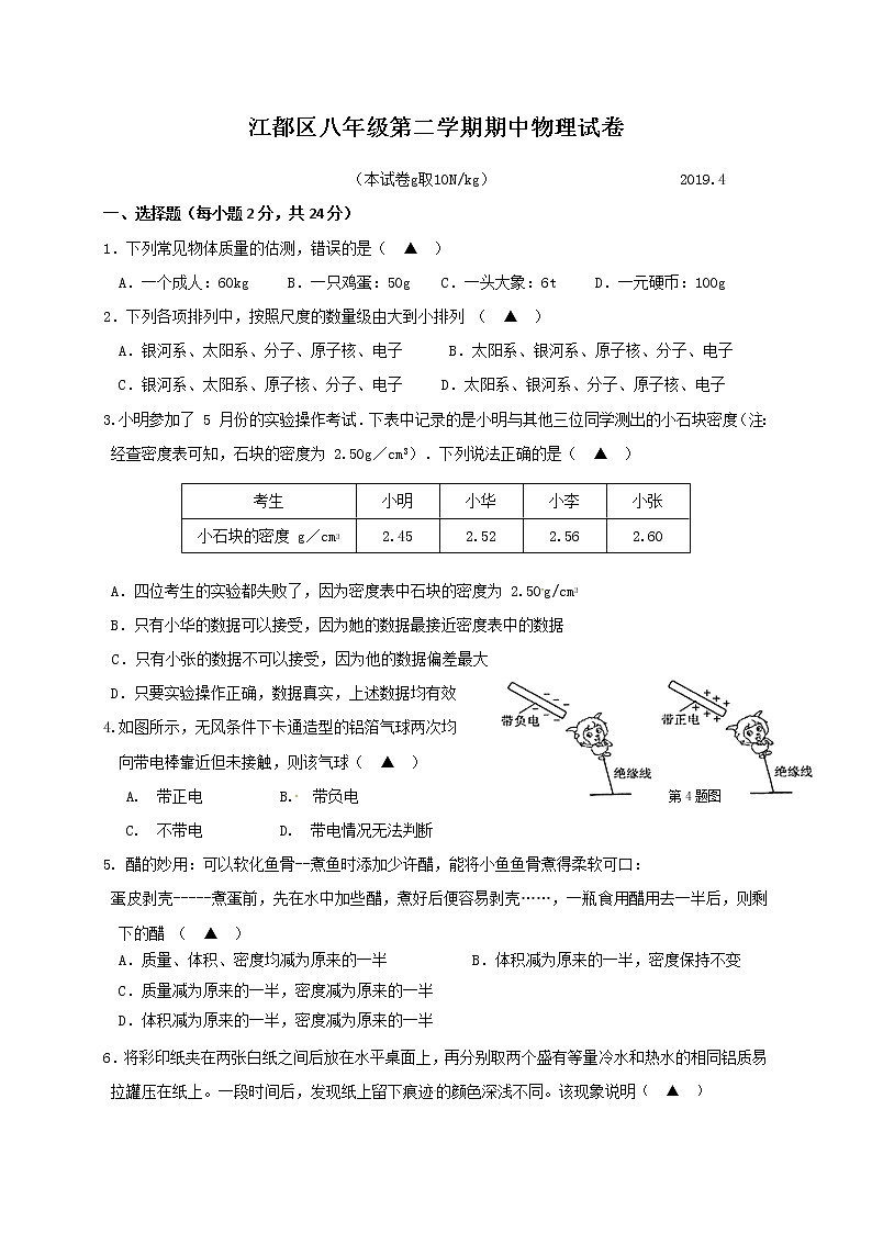 扬州市江都区2018-2019学年初二第二学期期中考试物理试题（含答案）第1页