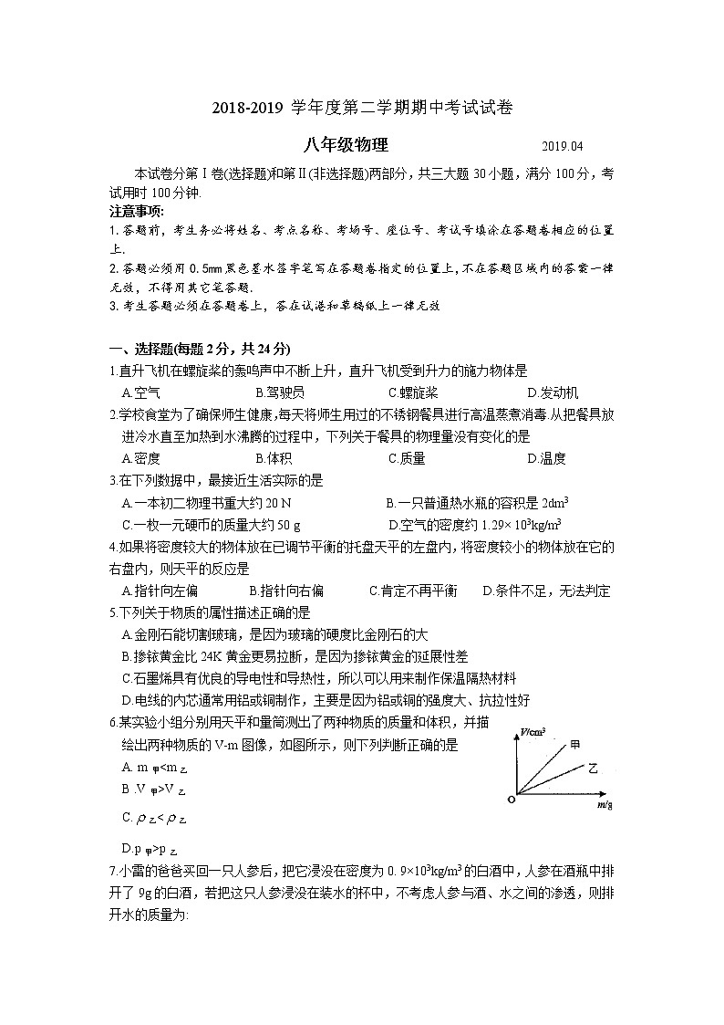 苏州市相城区2018-2019学年度第二学期初二物理期中考试试卷（含答案）第1页