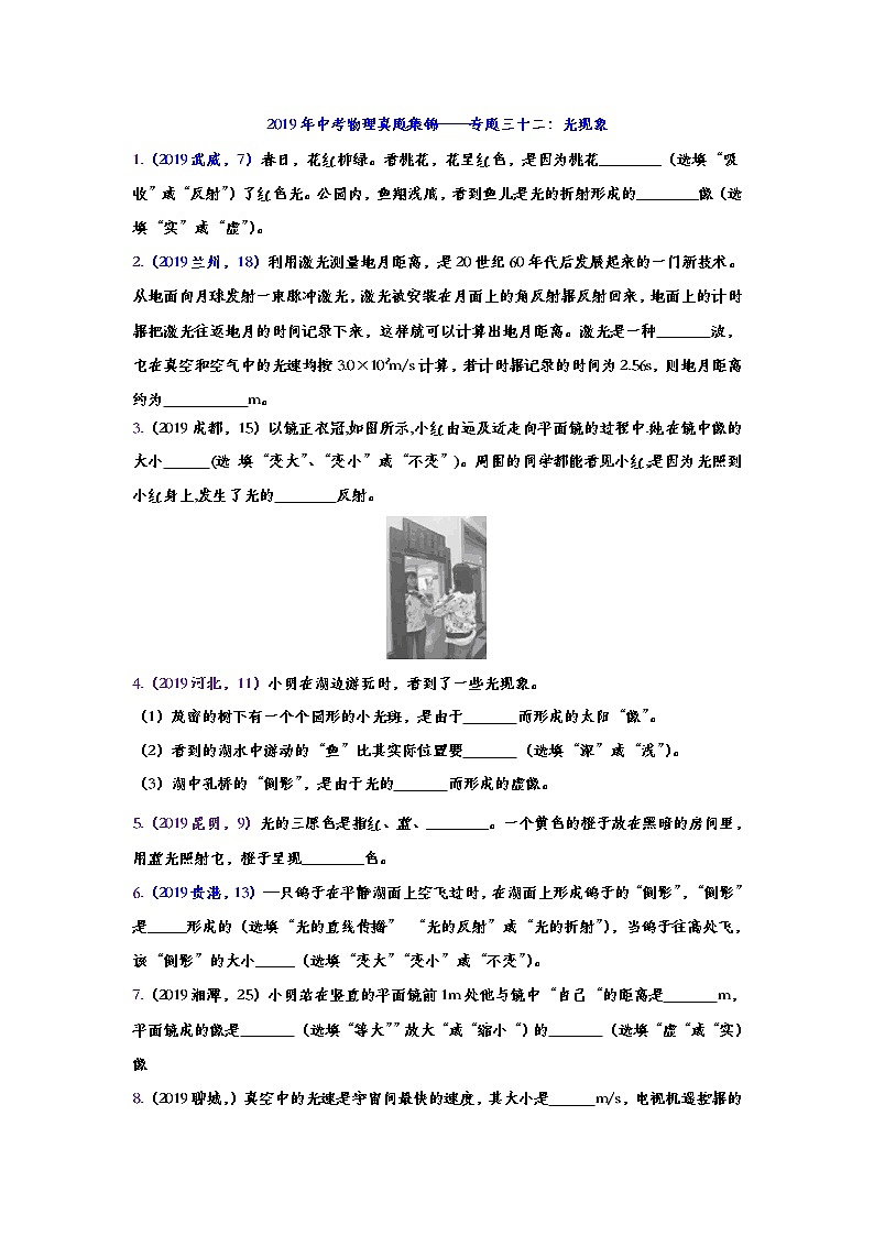 2019年中考物理真题集锦——专题三十二：光现象（word版含答案）第1页